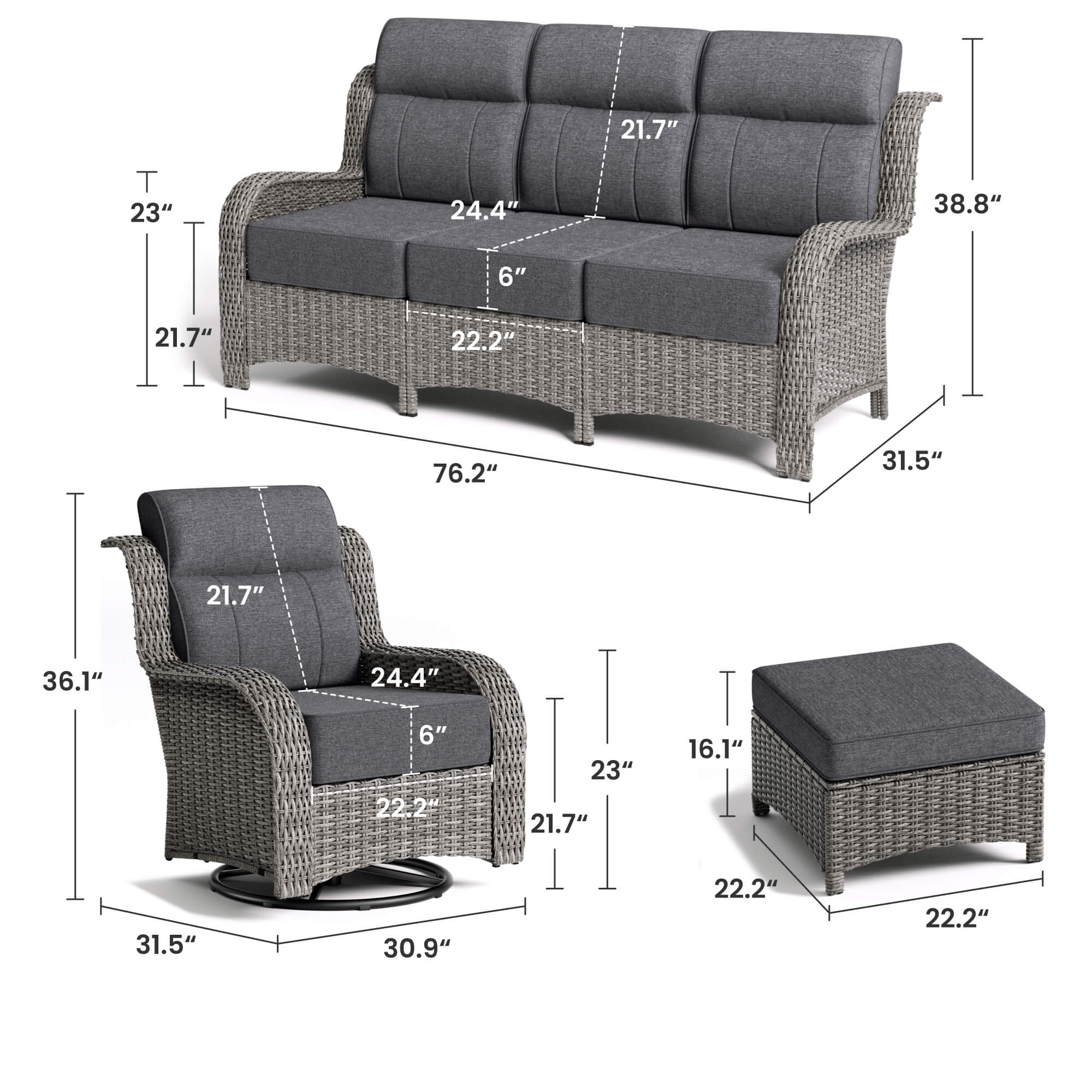 TARN Outdoor 6-Piece Wicker Sofa & Chairs Set With Coffee Table