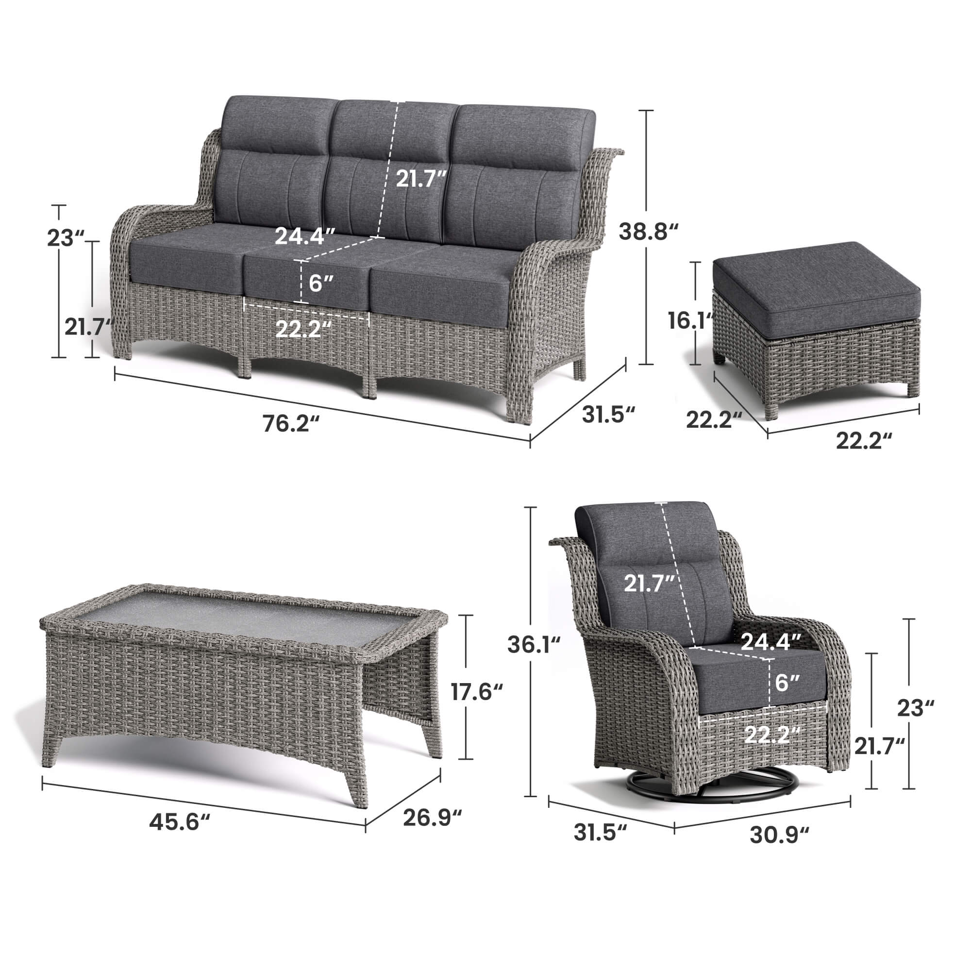 TARN Outdoor 6-Piece Wicker Sofa & Chairs Set With Coffee Table