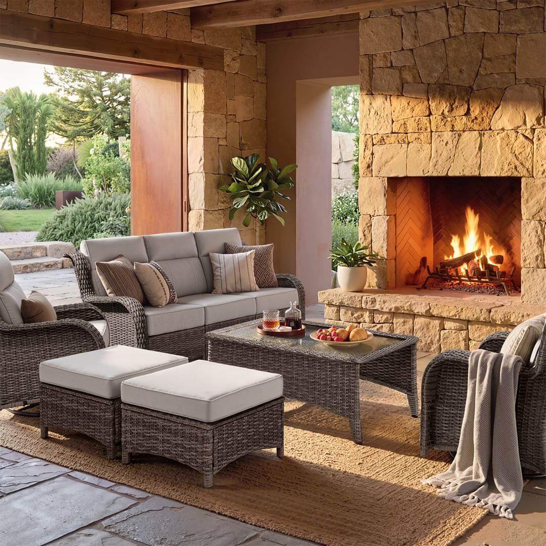 TARN Outdoor Wicker 6-Piece Wicker Sofa & Chairs Set With Coffee Table