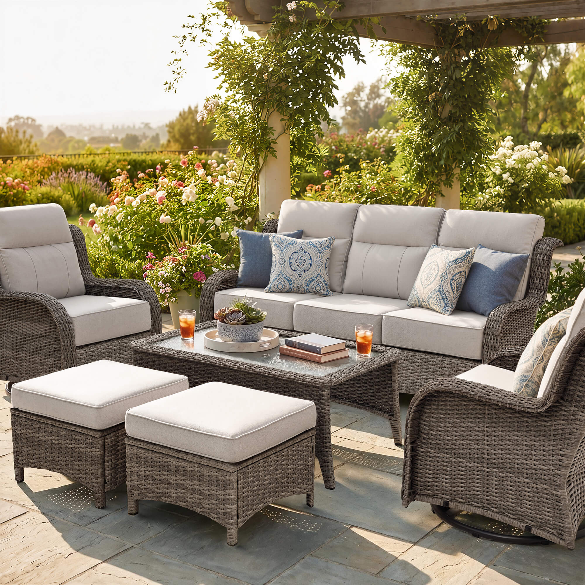 TARN Outdoor 6-Piece Wicker Sofa & Chairs Set With Coffee Table