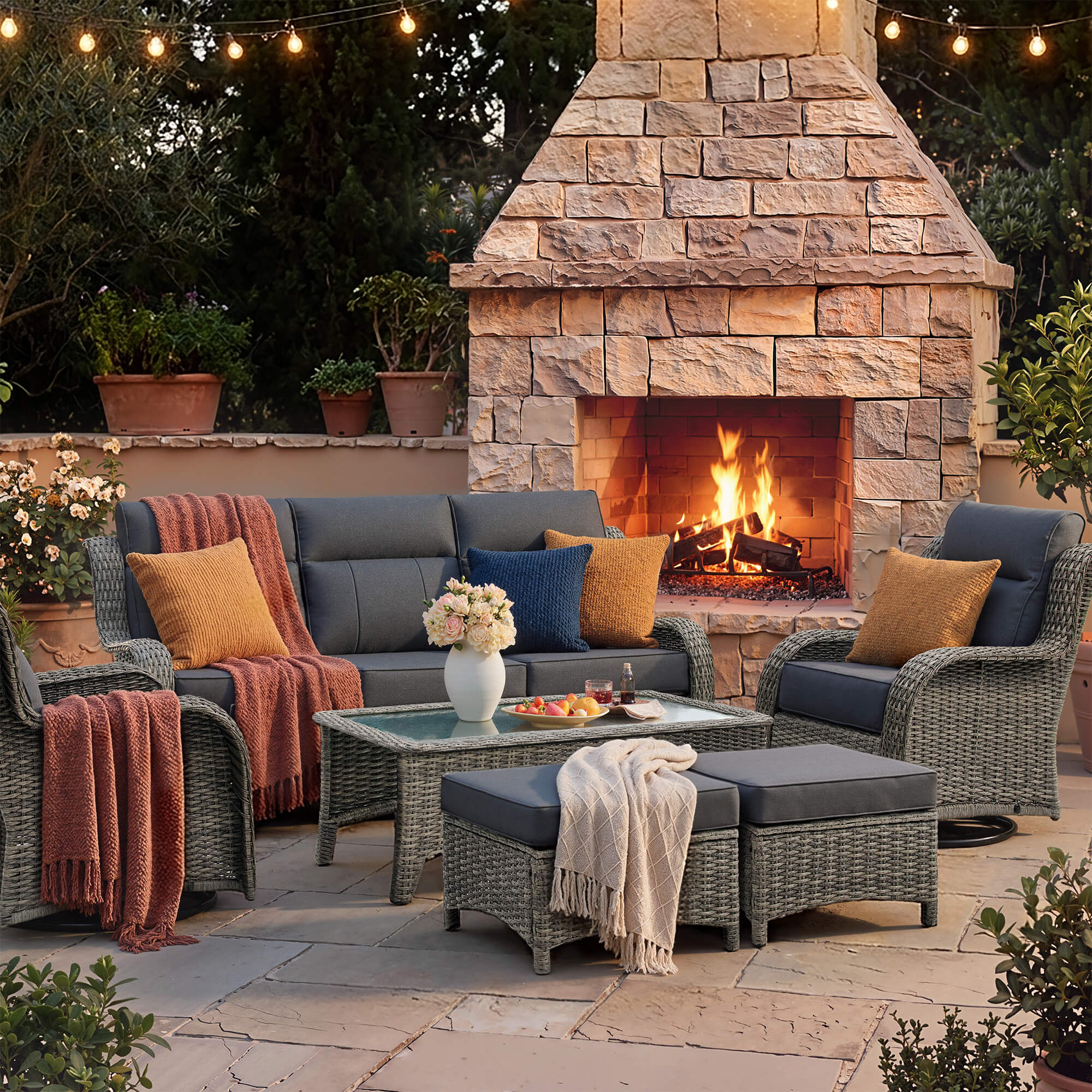 TARN Outdoor 6-Piece Wicker Sofa & Chairs Set With Coffee Table