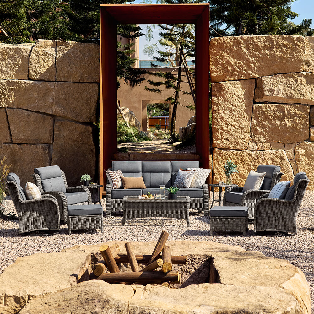 TARN Outdoor Dark Gray Wicker Sofa And Swivel Glider Chair Set