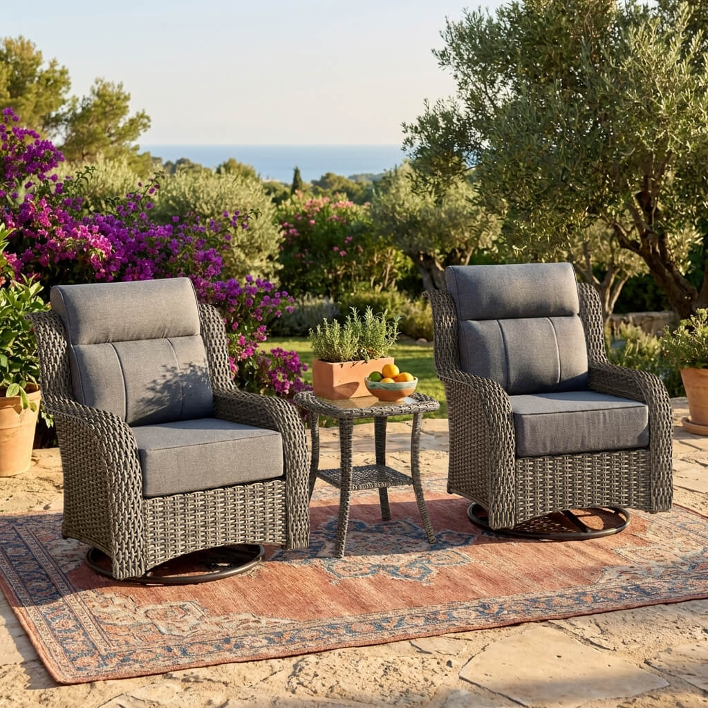 TARN Outdoor Dark Gray Wicker Sofa And Swivel Glider Chair Set
