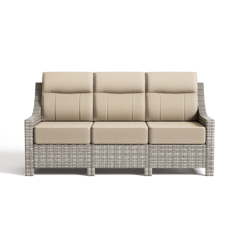 Beige outdoor sofa with wicker frame on a white background