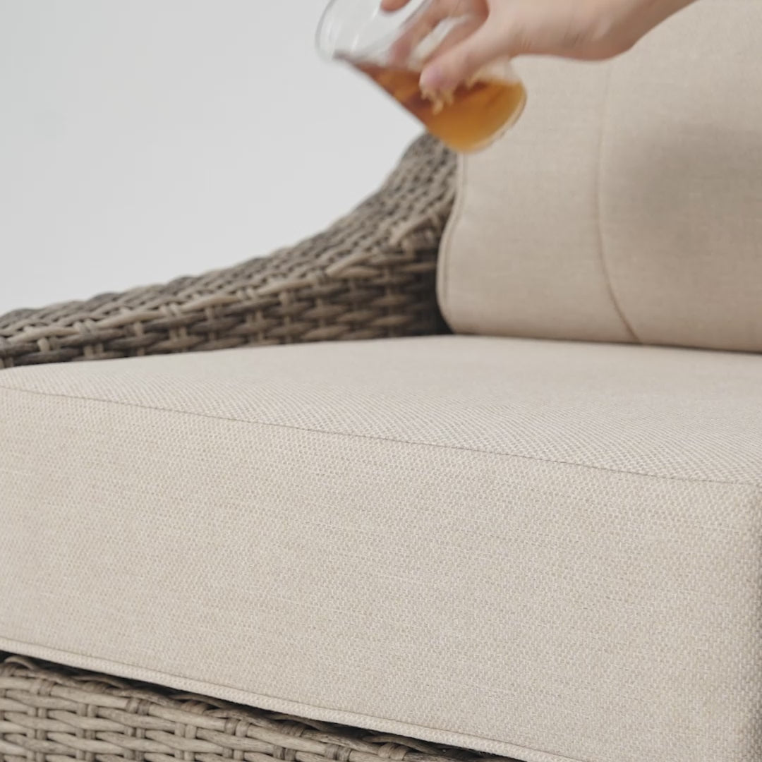 Load video: Water-resistant outdoor cushions with removable, washable covers for easy, low-maintenance care.